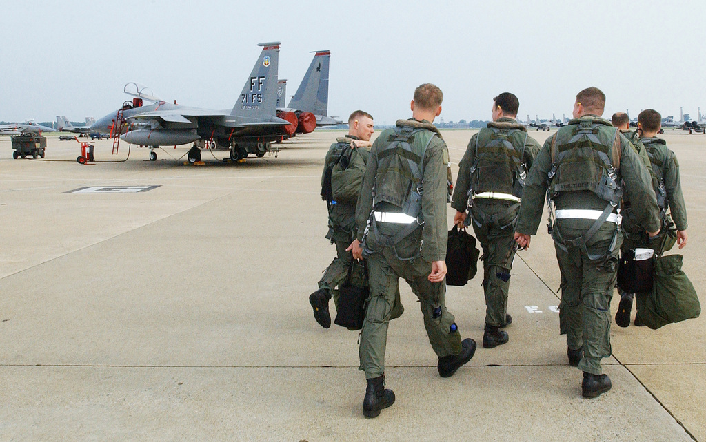 US Air Force (USAF) F-15C Eagle aircraft Pilots assigned to the 1ST ...