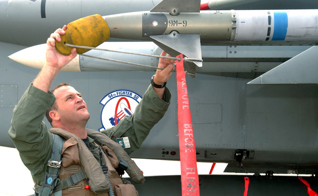 US Air Force (USAF) Lieutenant Colonel (LTC) Scott Maw, an F-15C Eagle ...