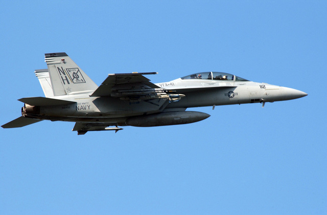 A US Navy (USN) Strike fighter Squadron 41 (VFA-41, Black Aces) F/A-18F ...