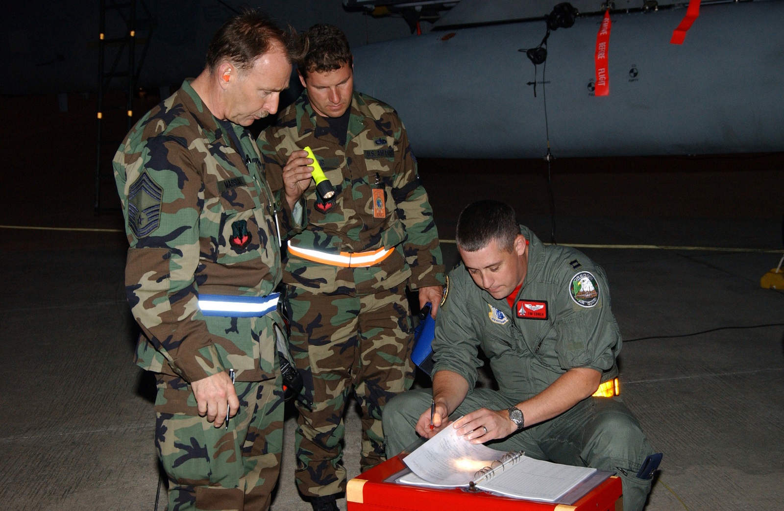 US Air Force (USAF) CHIEF MASTER Sergeant (CMSGT) David Marshall (left ...