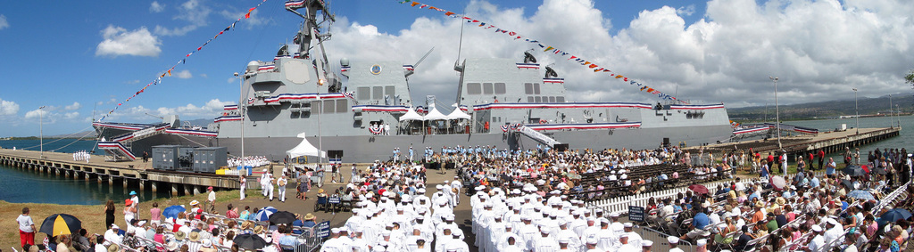 A concave wide-angel view showing the official Commissioning Ceremony for  the US Navy (USN) Arleigh Burke Class (Flight IIA): Guided Missile  Destroyer (Aegis), USS CHUNG-HOON (DDG 93), held at Pearl Harbor, Hawaii (