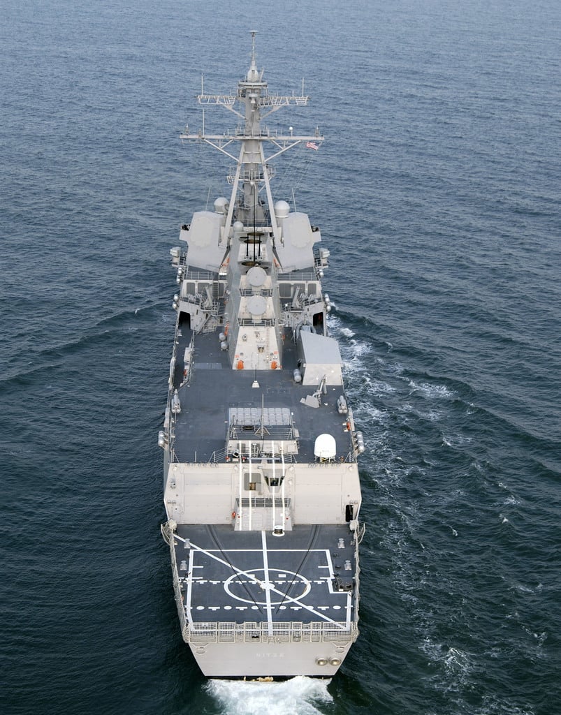 High oblique stern on view of the US Navy (USN) Arleigh Burke Class ...