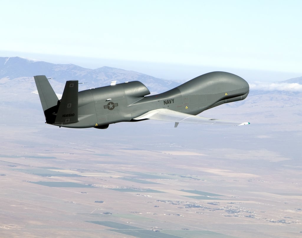 An aerial view of the maiden flight of the second U.S. Navy RQ-4A Gobal ...