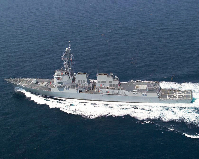 Aerial port side view of the US Navy (USN) Arleigh Burke Class: (Flight ...