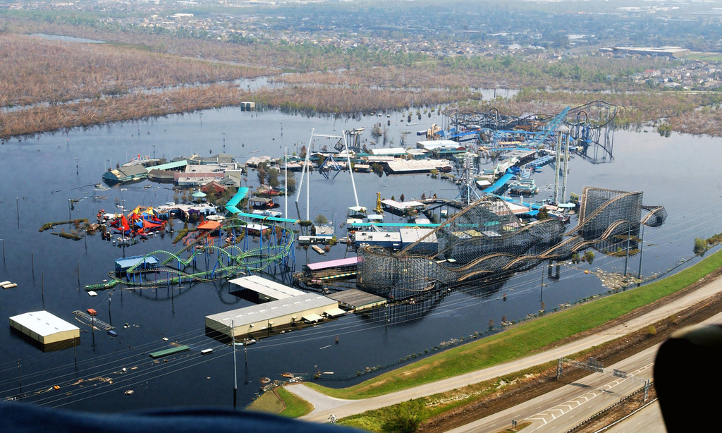 An aerial view of a New Orleans, Louisiana (LA), amusement park during the  Task Force Katrina efforts, which shows how high flood levels were in some  areas, caused by Hurricane Katrina 