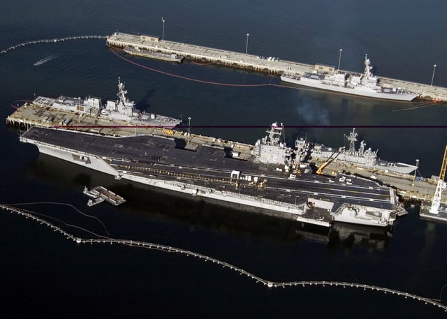 An aerial view of the US Navy (USN) Nimitz Class Aircraft Carrier USS ...