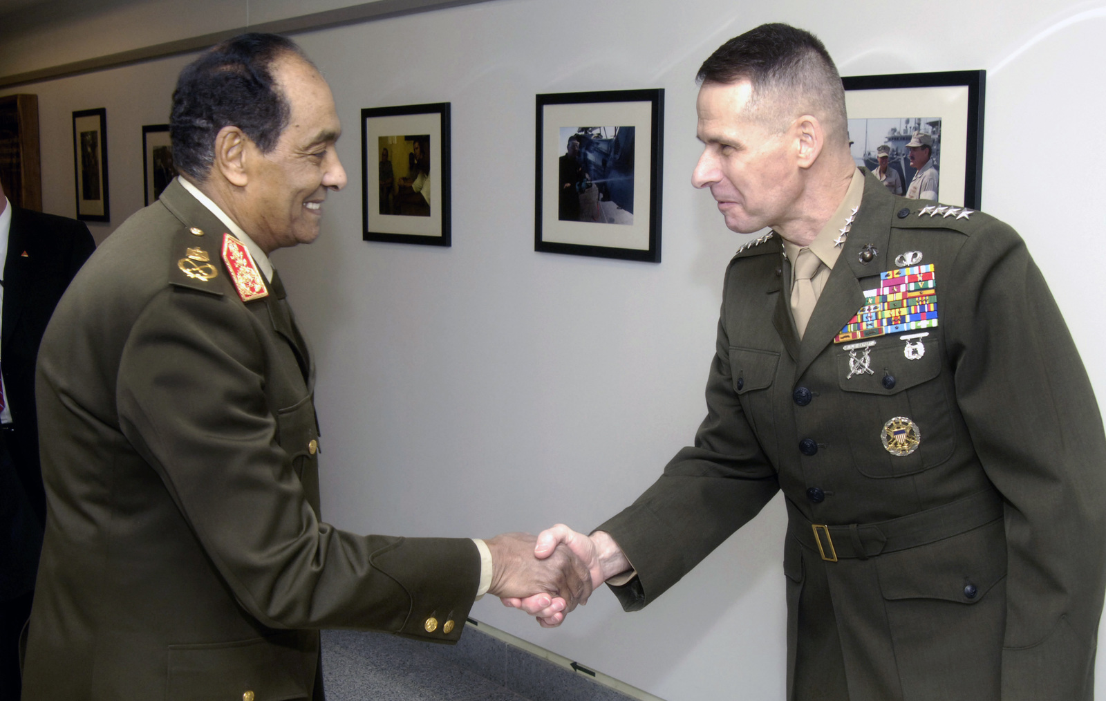 Egyptian Minister Of Defense Field Marshall Mohamed Hussein Tantawi Is Greeted By U S Marine Gen Peter