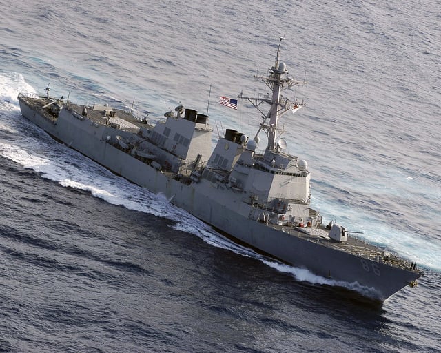 An aerial oblique starboard bow view of the US Navy (USN) Arleigh Burke ...