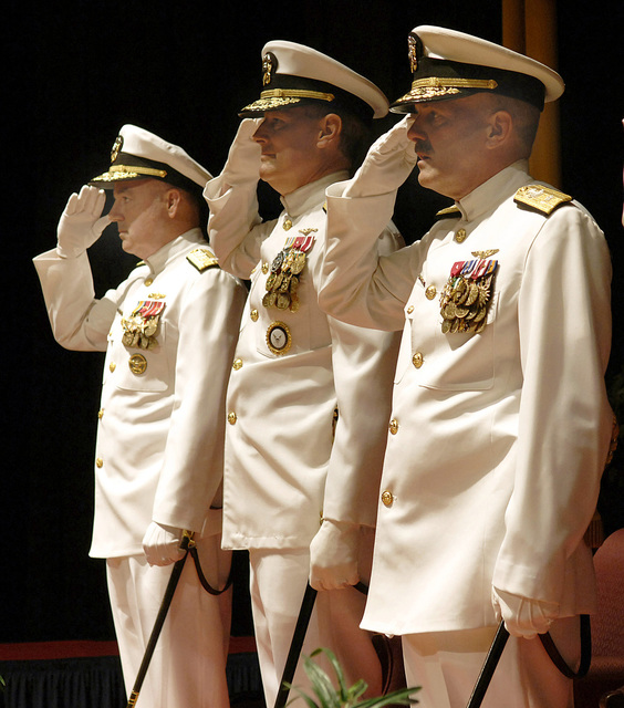 US Navy USN Ranking Officers Stand And Saluteduring The Change Of 