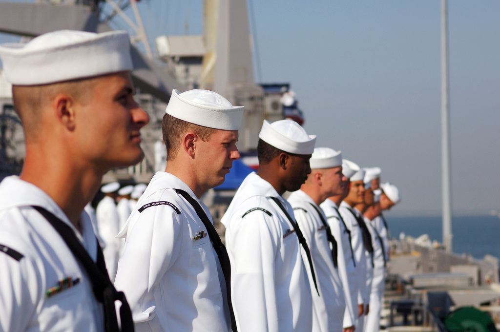 US Navy Sailors onboard the Amphibious Transport Dock Ship USS AUSTIN ...