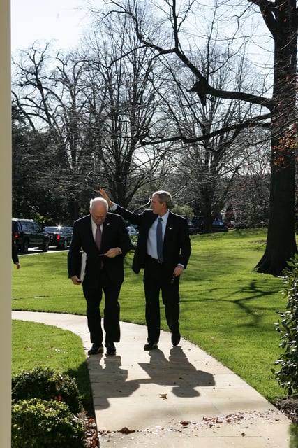 President Bush And Vice President Cheney Walk Together On The South Lawn Of The White House 3832