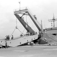 The tank landing ship, USS SAN BERNARDINO (LST-1189) prepares to