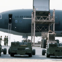Equipment is loaded aboard a KC-10A Extender aircraft, dubbed