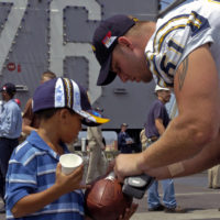 060811-N-7526R-093 (Aug. 11, 2006)San Diego Chargers running back LaDanian  Tomlinson (56) looks on as his team conduct awalk-throughon the flight  deck aboard US Navy (USN) Nimitz Class Aircraft Carrier USS RONALD REAGAN (